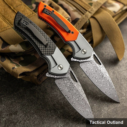 Damascus titanium carbon-fiber folding knife lifestyle view