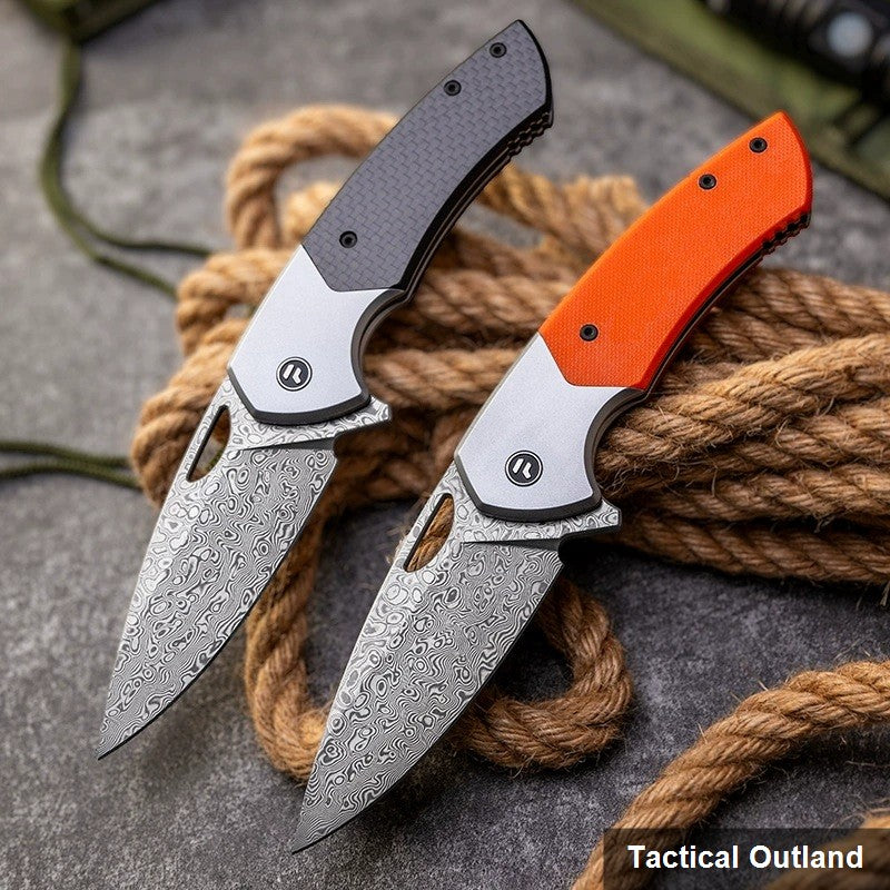 Damascus titanium carbon-fiber folding knife rope-cutting utility view
