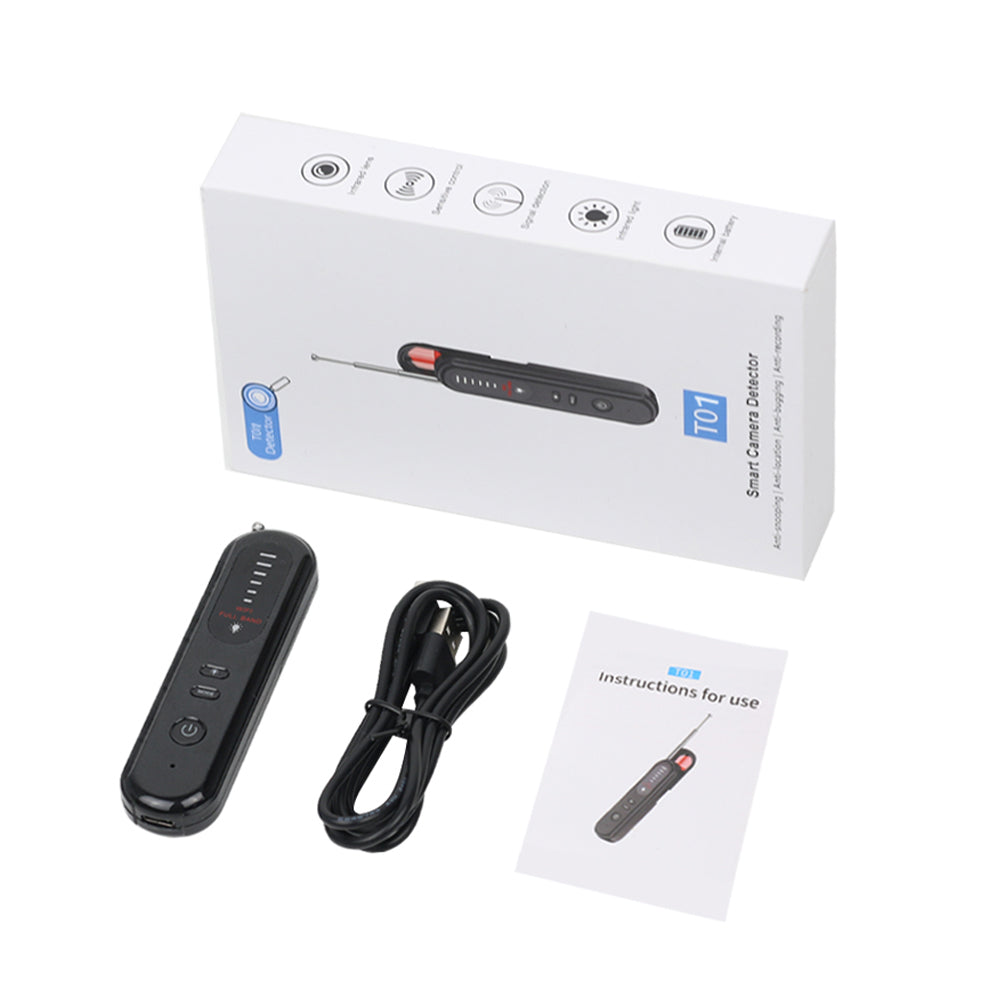 Unboxed Tactical Outland T01 Smart Camera Detector kit including charging cable and user manual.