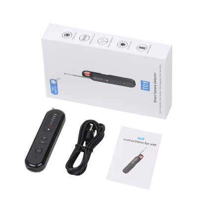 Unboxed Tactical Outland T01 Smart Camera Detector kit including charging cable and user manual.
