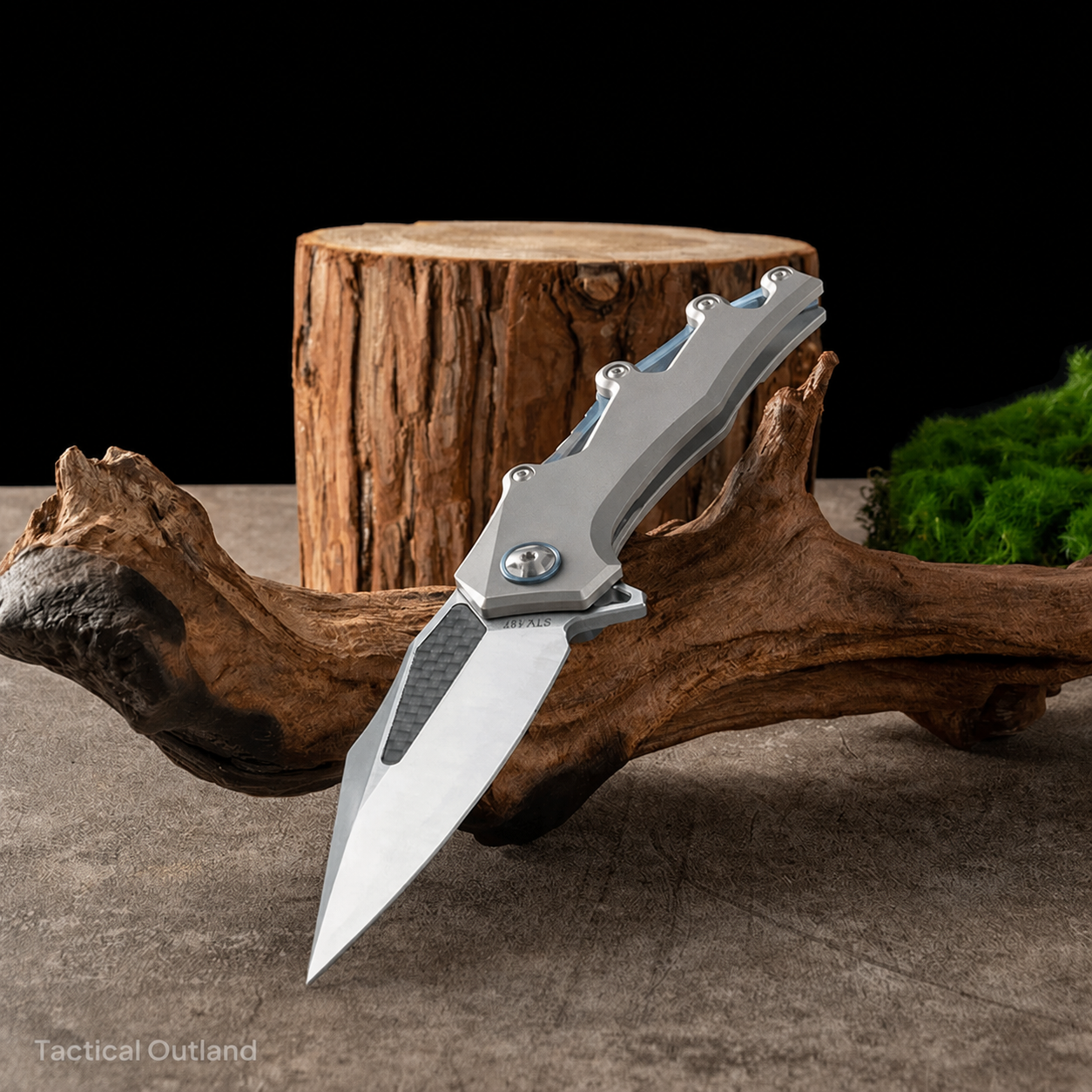 M390 titanium folding knife studio view with carbon-fiber inlay
