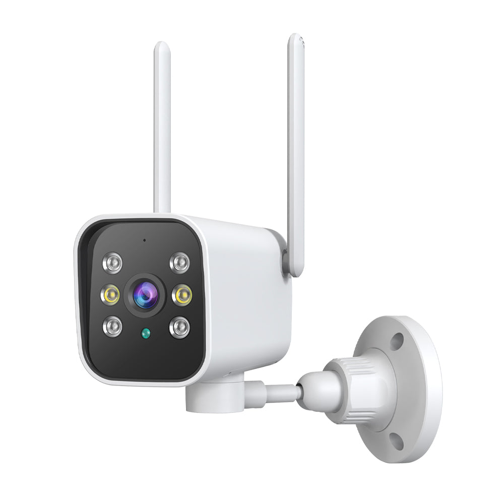 Tactical Outland 1080p HD smart outdoor security camera front view featuring dual antennas and 6-LED night vision array on a clean white background.