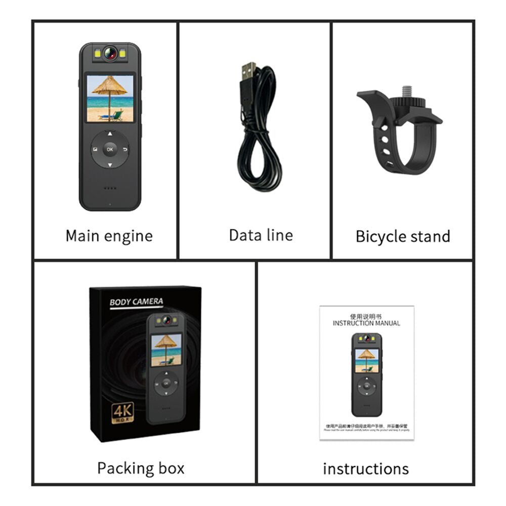 Tactical Outland Pro 4K body camera unboxing kit including the camera unit, USB charging cable, bicycle handlebar mount, user manual, and premium retail packaging.