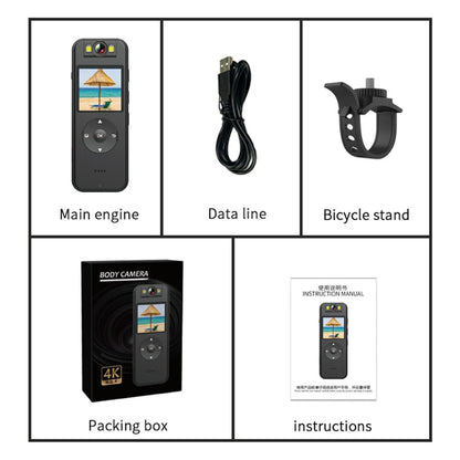 Tactical Outland Pro 4K body camera unboxing kit including the camera unit, USB charging cable, bicycle handlebar mount, user manual, and premium retail packaging.