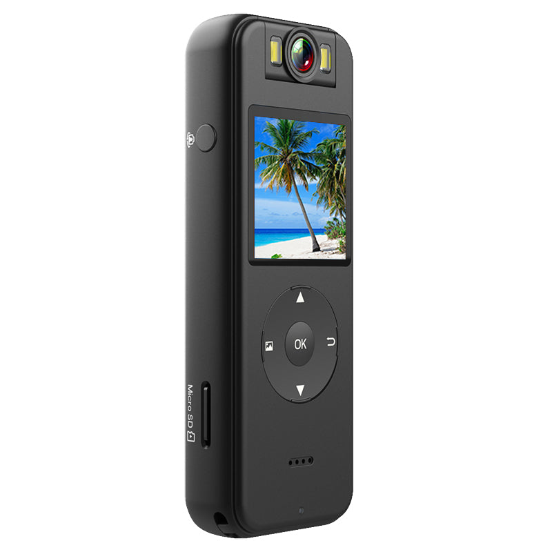 Tactical Outland Pro 4K rotating body camera with built-in LCD screen and dual LED lights.