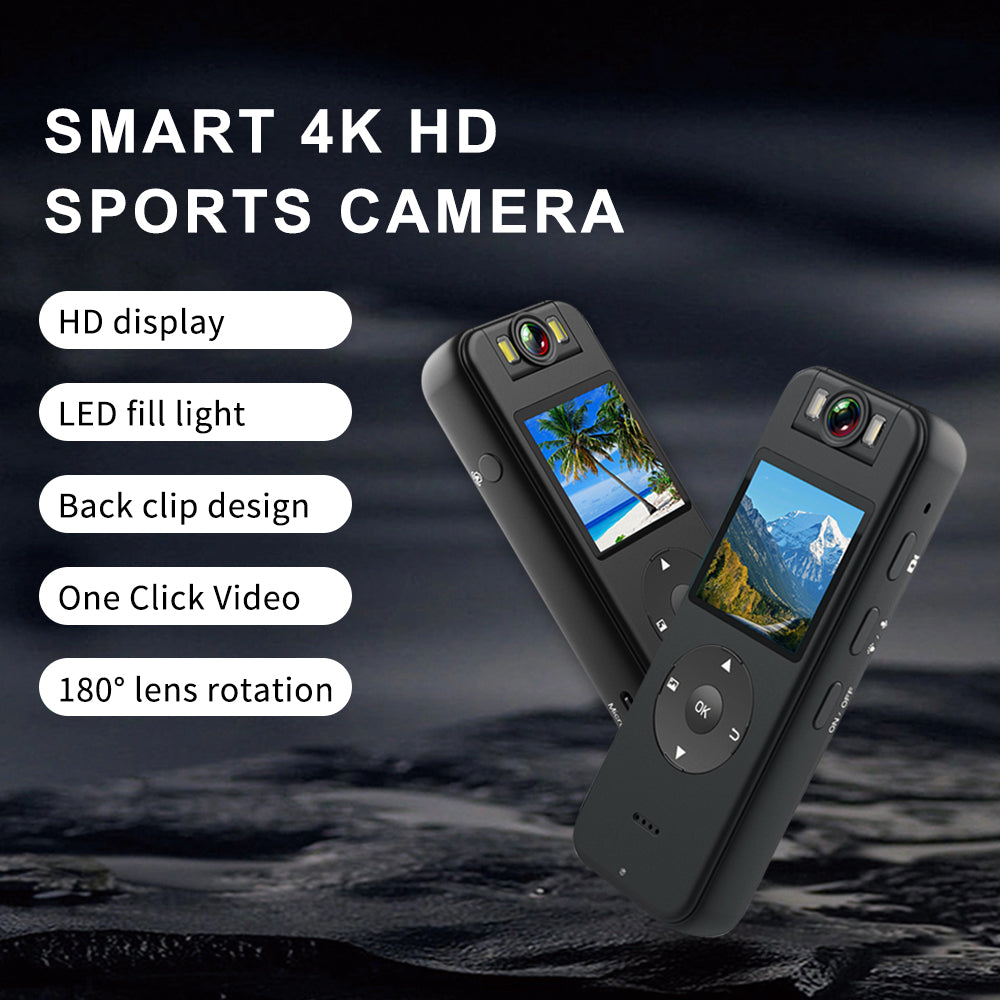 Tactical Outland Pro 4K smart sports body camera featuring 180-degree lens rotation, LED fill light, and 1.3-inch HD display for security and outdoor action.