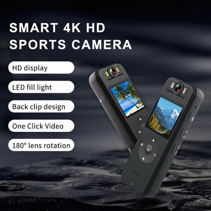 Tactical Outland Pro 4K smart sports body camera featuring 180-degree lens rotation, LED fill light, and 1.3-inch HD display for security and outdoor action.