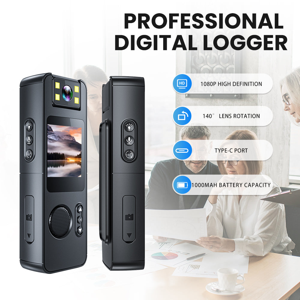 Professional 1080p digital logger body camera with 140-degree rotatable lens, Type-C charging, and 1000mAh battery for law enforcement and security.