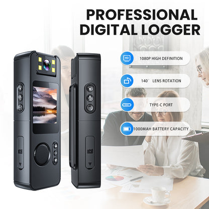 Professional 1080p digital logger body camera with 140-degree rotatable lens, Type-C charging, and 1000mAh battery for law enforcement and security.