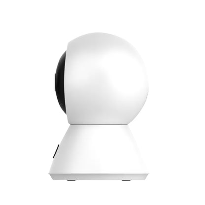 Side profile of the sleek, round AI home camera showing its compact and modern design.