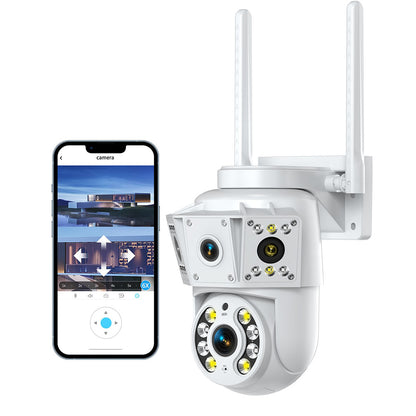 Tactical Outland triple lens security camera with smartphone app interface.