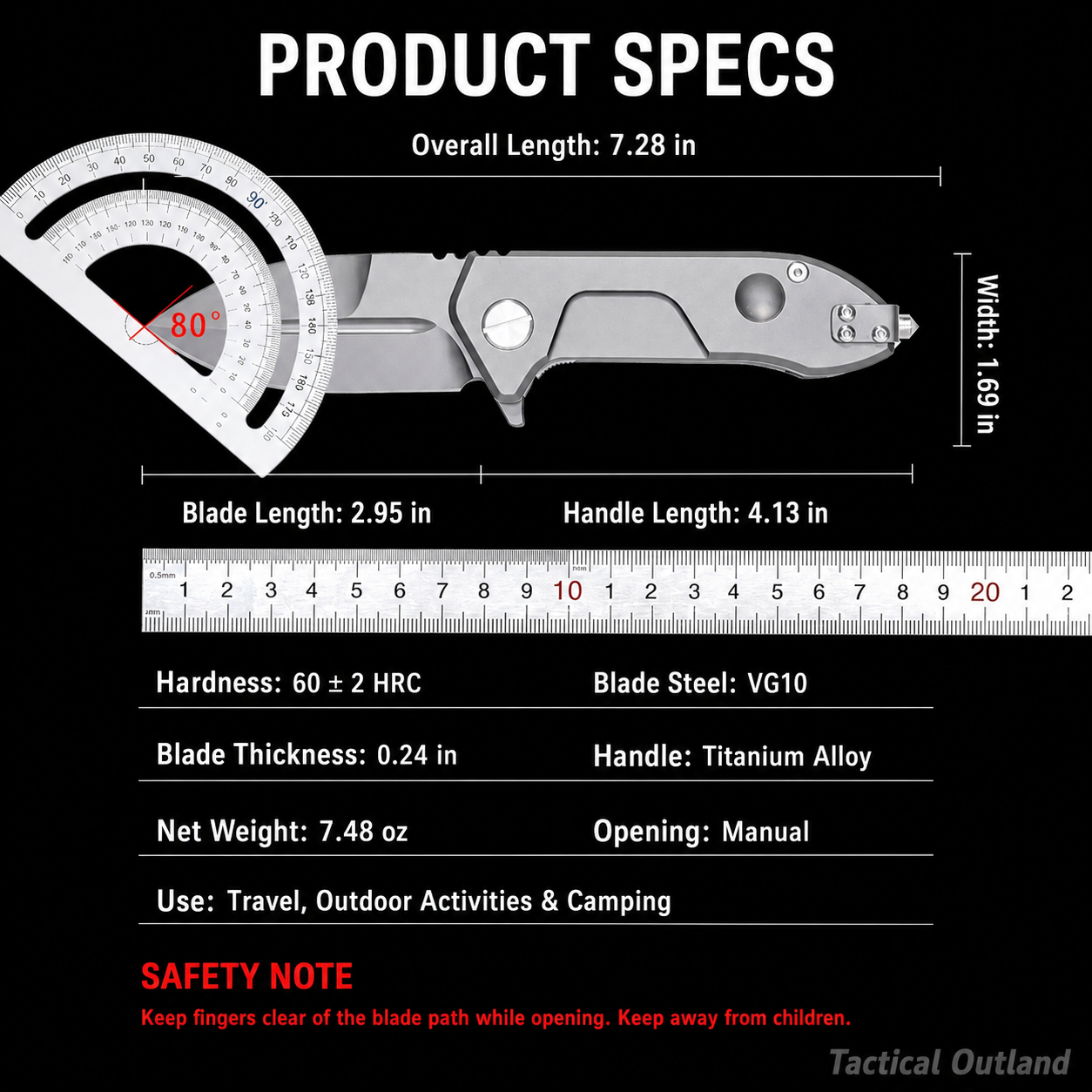 Tactical Outland VG10 folding knife U.S. dimensions: 7.28-inch overall, 2.95-inch blade and 4.13-inch handle