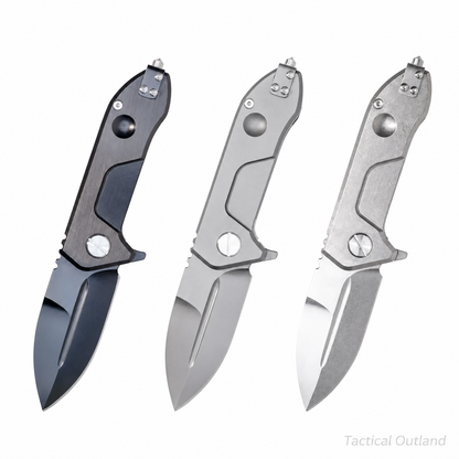 Tactical Outland wide-blade VG10 titanium folding knife in black, gray and stonewashed silver finishes