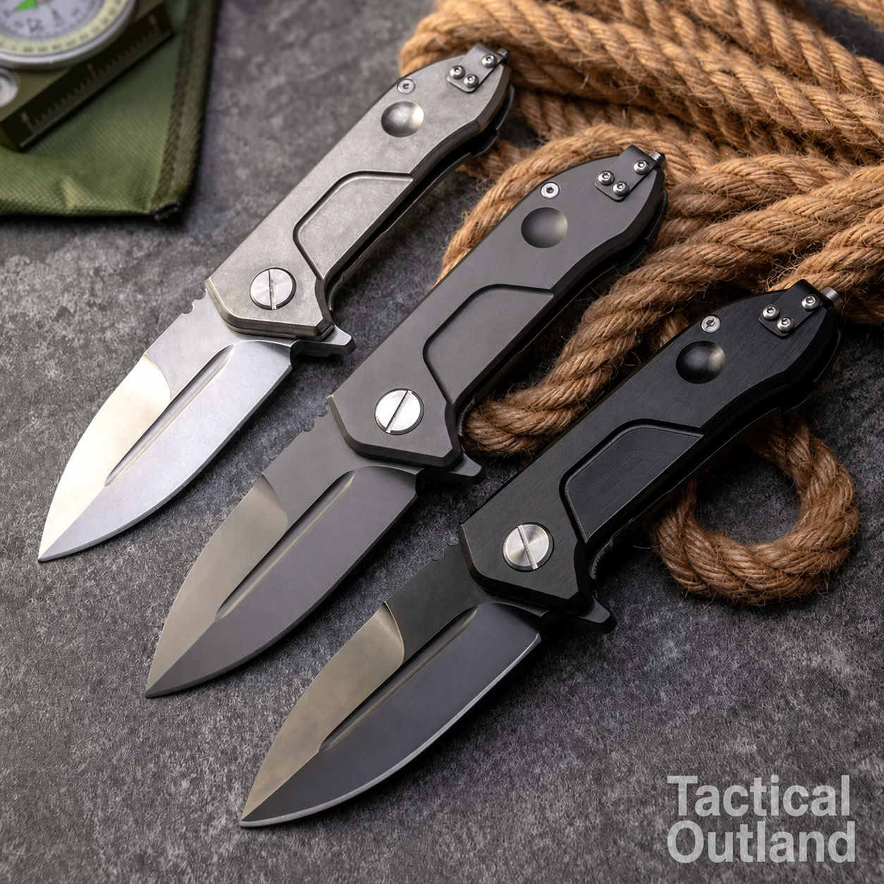 Tactical Outland wide-blade VG10 titanium folding knives in three finish options for outdoor gear and collection