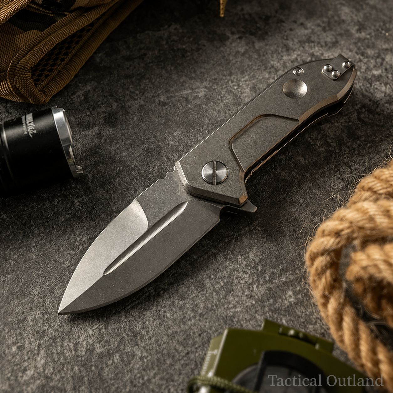 Tactical Outland wide-blade VG10 titanium folding knife open profile with sculpted titanium-alloy handle