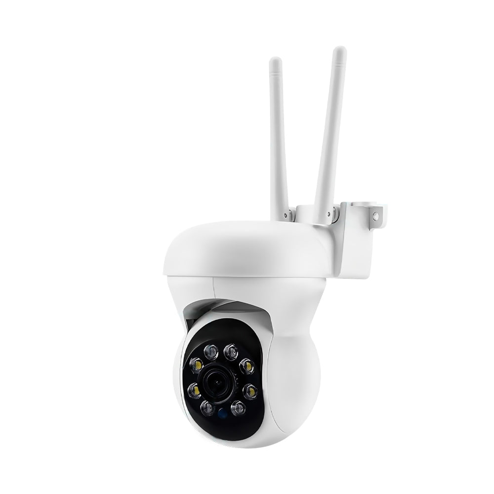 Side profile of the white wireless outdoor surveillance camera with dual antennas.