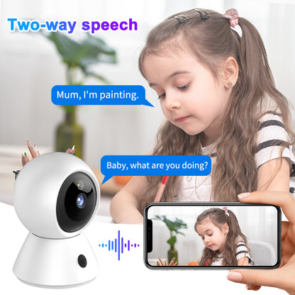 A young girl interacting with the smart home camera using the two-way speech feature, highlighting its use as a baby monitor with real-time communication.