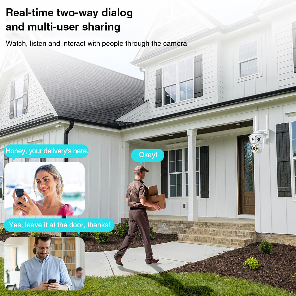 Homeowner using a smartphone to talk to a delivery driver through the security camera.