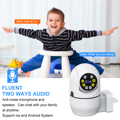 Demonstration of fluent two-way audio feature for communicating with family or pets via the smart camera.