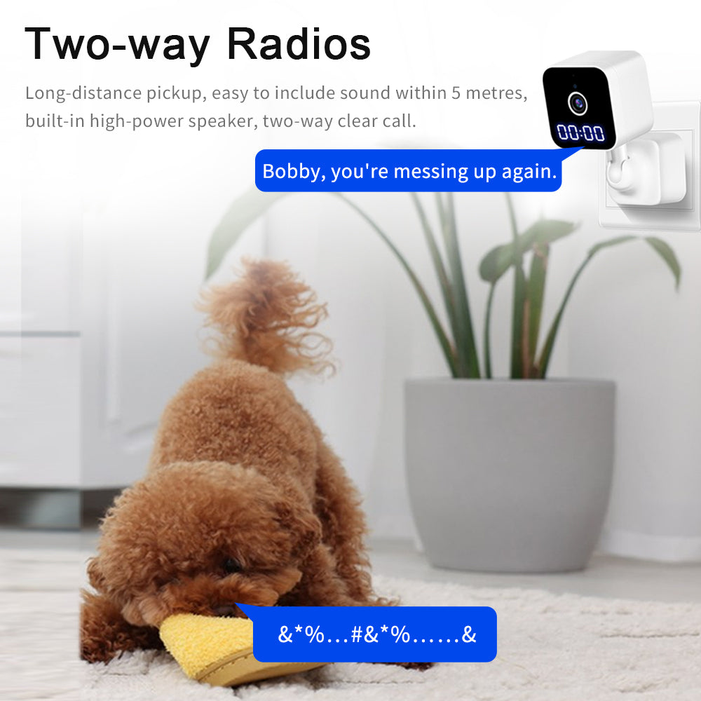 Using the two-way audio feature on the smart camera to monitor and talk to a pet dog at home.