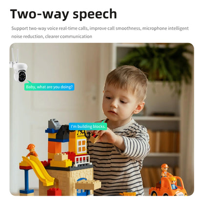 Outdoor WiFi camera with two-way talk and noise-reduction microphone for real-time communication.