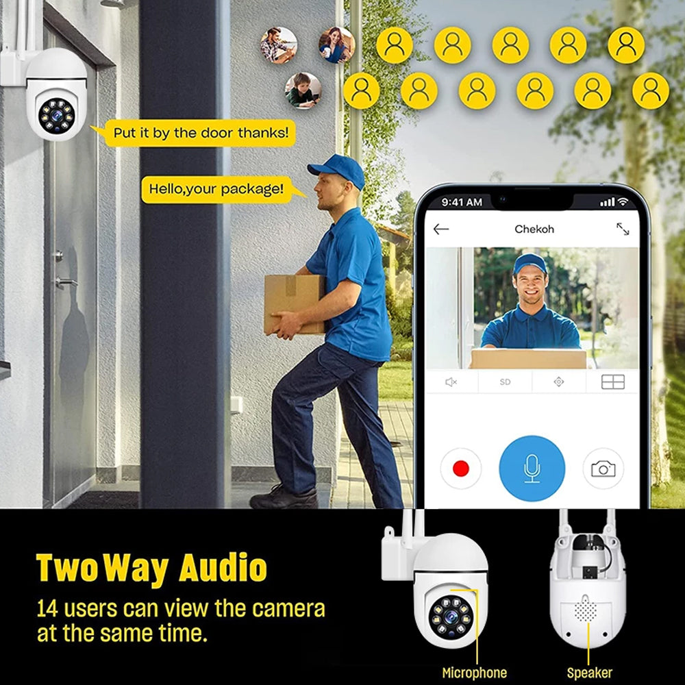 Smart security camera being used for two-way audio communication with a delivery person, supporting up to 14 simultaneous users.