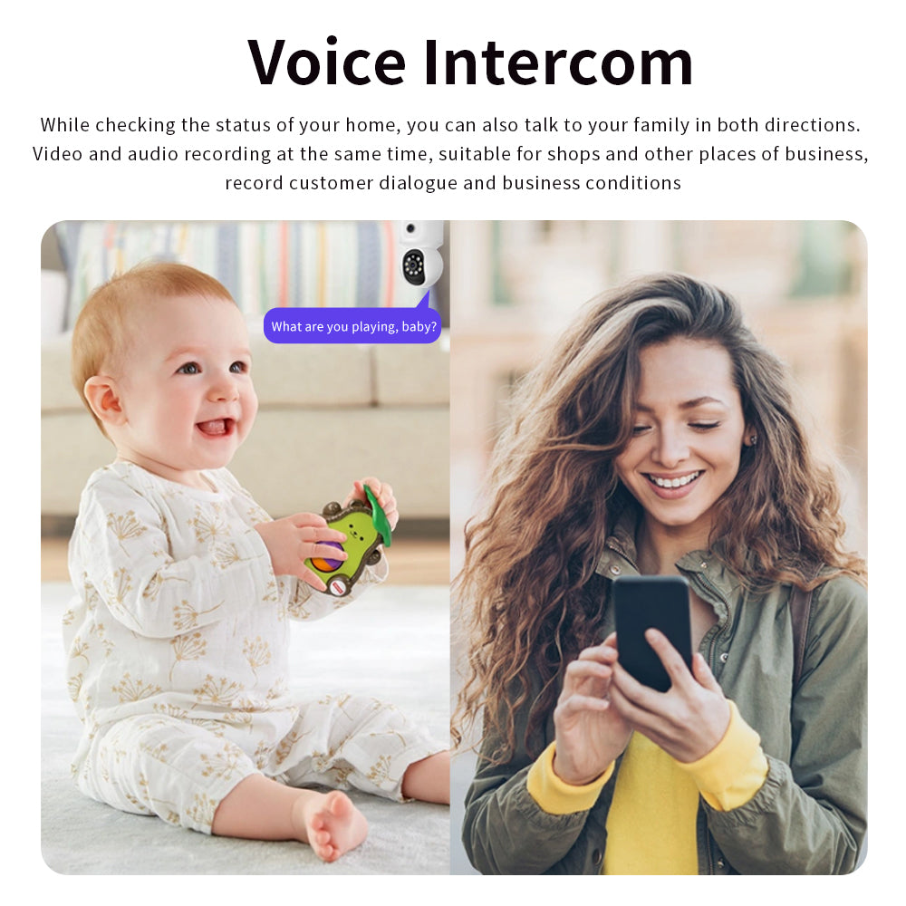 Mother using a smartphone to talk to her baby via the camera's two-way voice intercom and audio recording feature.