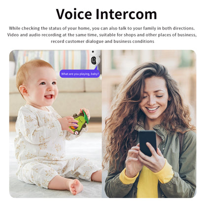 Mother using a smartphone to talk to her baby via the camera's two-way voice intercom and audio recording feature.