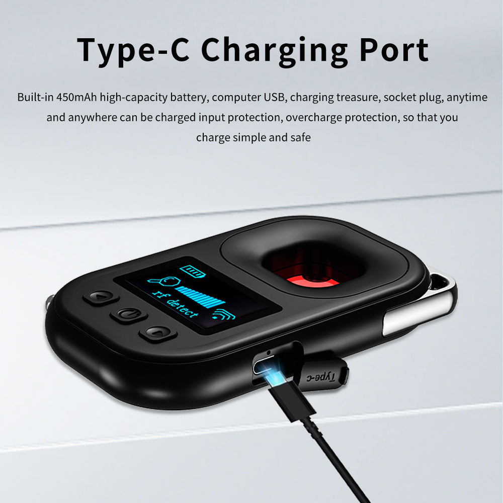 Close-up of the Type-C charging port on the anti-spy detector featuring a 450mAh high-capacity battery.