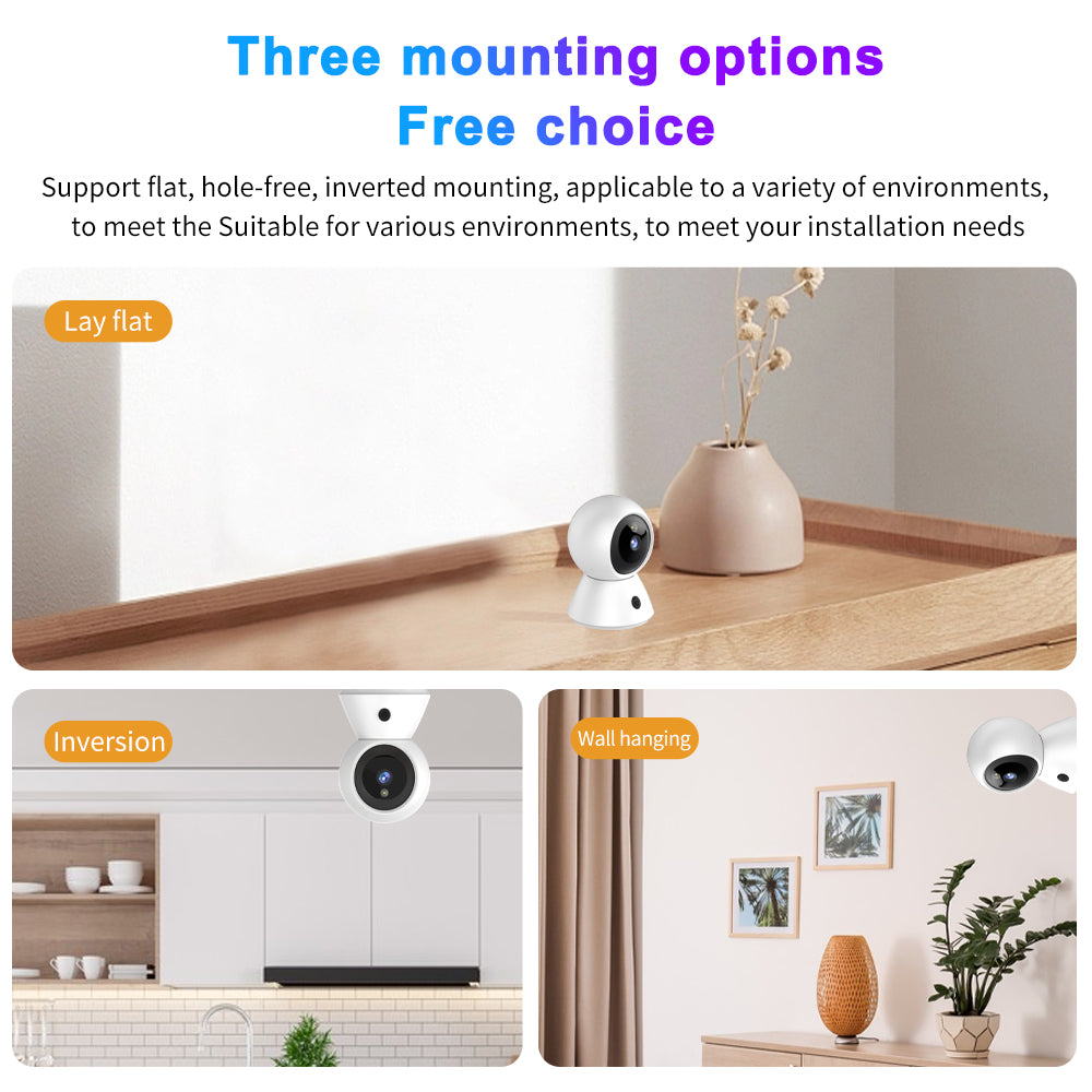 Three installation options for the smart camera: laying flat on a table, inverted ceiling mount, or wall hanging.