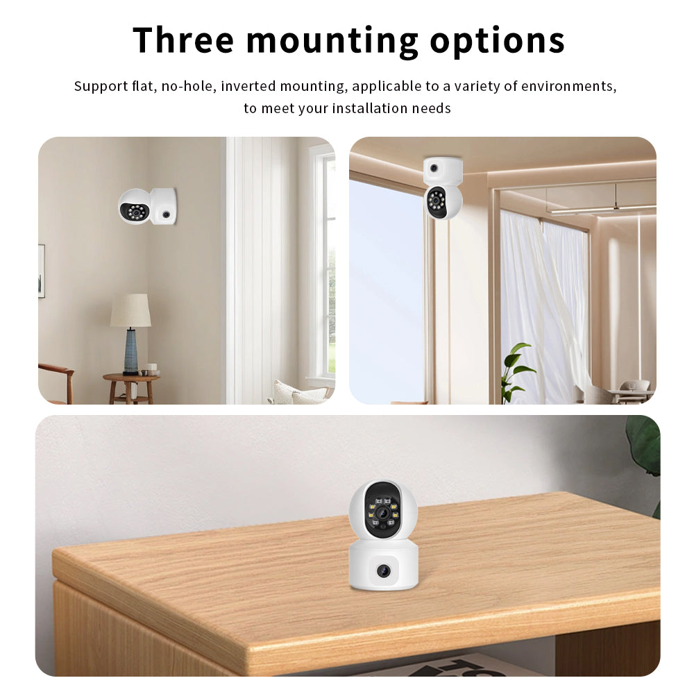 Three camera installation options including wall mount, ceiling inverted mount, and desktop placement.