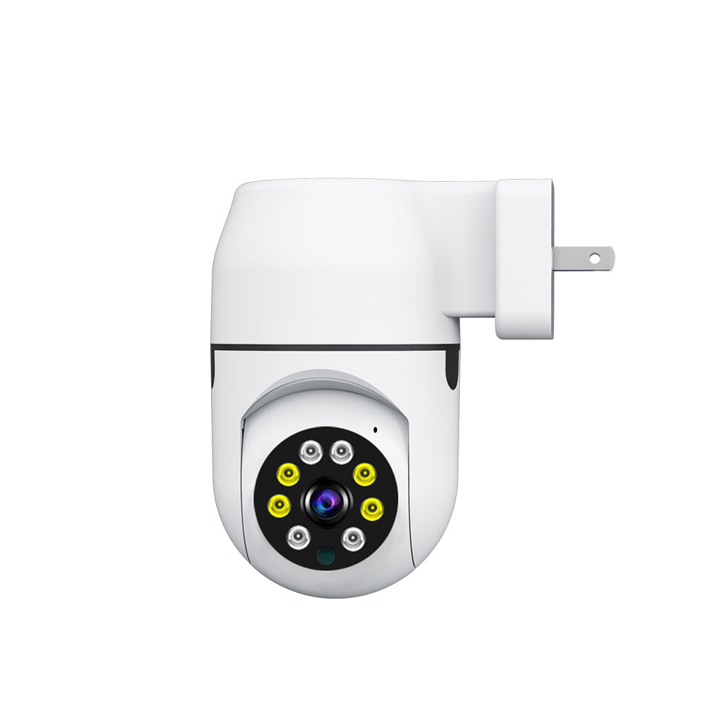1080p wall plug security camera with integrated US power outlet connector and night vision lens.