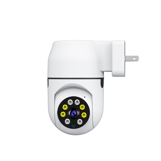 1080p wall plug security camera with integrated US power outlet connector and night vision lens.