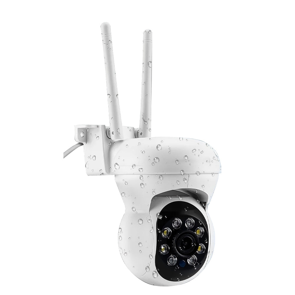 Close-up of the IP66 waterproof outdoor camera with water droplets on the housing.