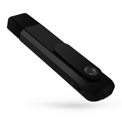 Side view of the Tactical Outland Pro body camera showing the power switch, microphone icon, and slim profile design.