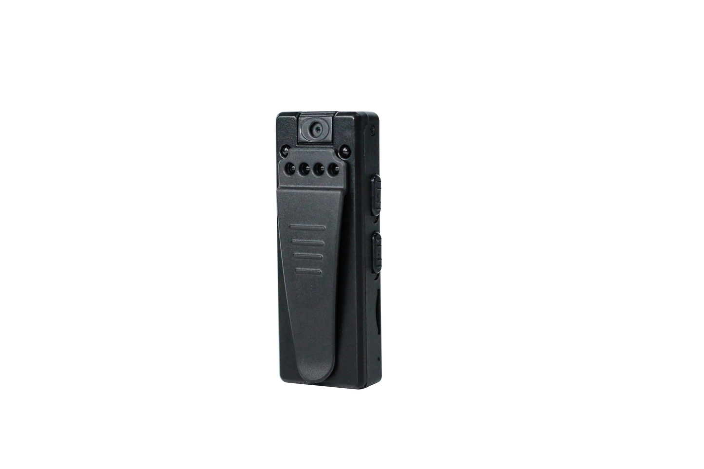 Angled view of the portable Pro HD body camera showing the Micro SD card slot and durable housing.