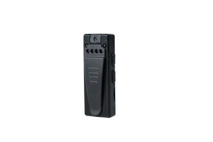 Angled view of the portable Pro HD body camera showing the Micro SD card slot and durable housing.