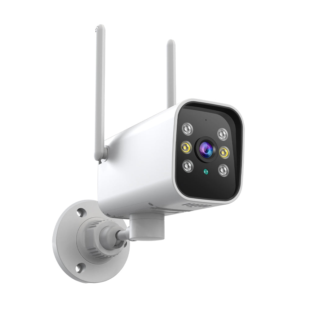 Right-side perspective of the waterproof outdoor security camera highlighting the streamlined industrial design and high-gain WiFi antennas.