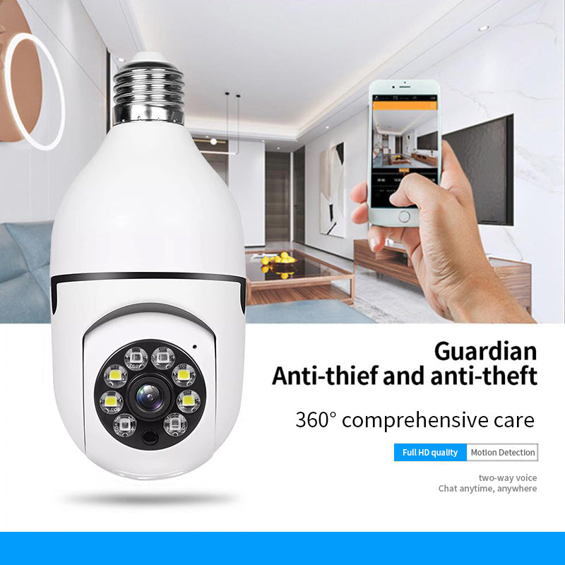 Smart light bulb camera installed in a modern bedroom ceiling for home surveillance.