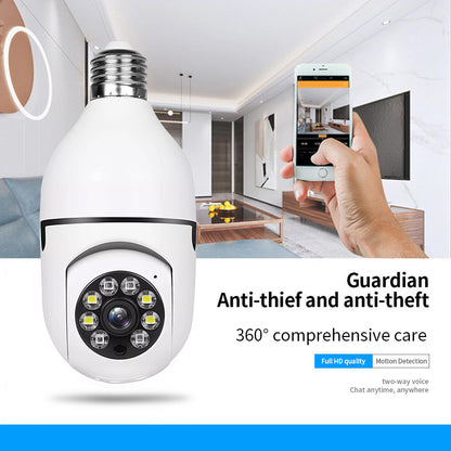 Smart light bulb camera installed in a modern bedroom ceiling for home surveillance.