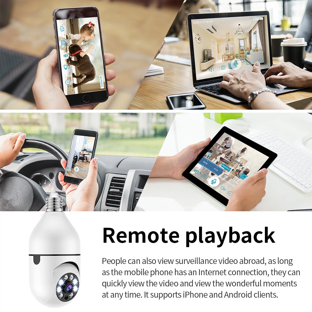 Detailed product specifications and dimensions for the 1080P PTZ bulb security camera.