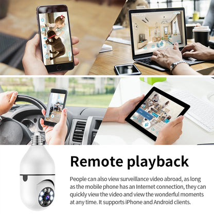 Detailed product specifications and dimensions for the 1080P PTZ bulb security camera.