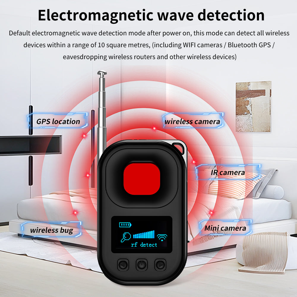 Wireless bug sweeper detecting electromagnetic waves from hidden GPS trackers and Wi-Fi cameras in a bedroom.