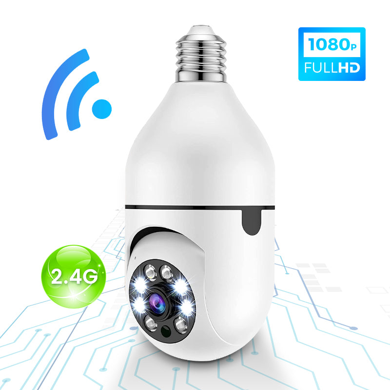 Side view of the wireless PTZ light bulb camera showing the E27 screw base.
