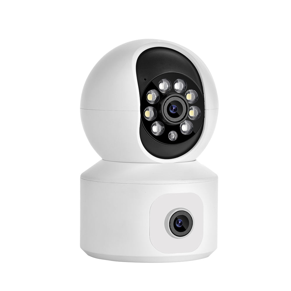 Right-facing view of the wireless dual lens WiFi camera highlighting the sleek, modern design suitable for home or office security.