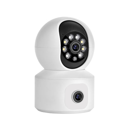 Right-facing view of the wireless dual lens WiFi camera highlighting the sleek, modern design suitable for home or office security.