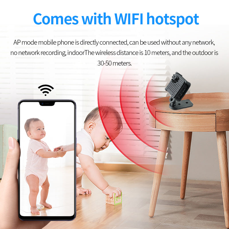 Using the mini WiFi camera as a baby monitor with real-time smartphone viewing via AP mode hotspot.