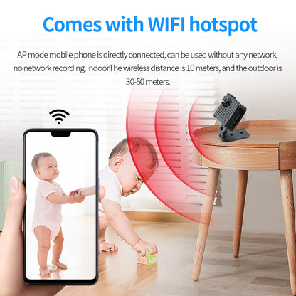 Using the mini WiFi camera as a baby monitor with real-time smartphone viewing via AP mode hotspot.