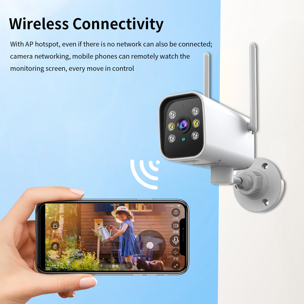 User viewing a live security feed on a smartphone with a smart camera connected via AP hotspot for remote monitoring without a router.