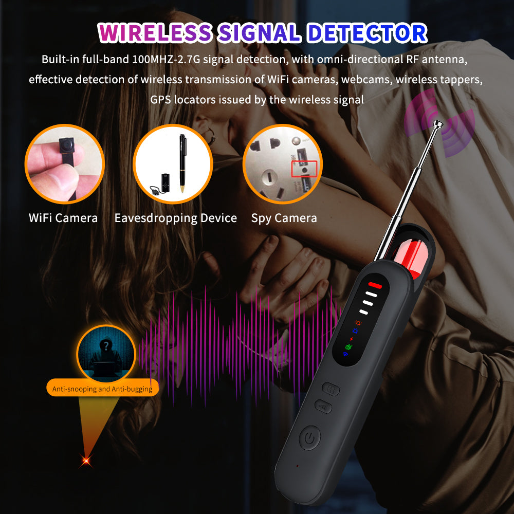 Full-band wireless signal detector with RF antenna to find WiFi cameras, eavesdropping devices, and spy cameras.